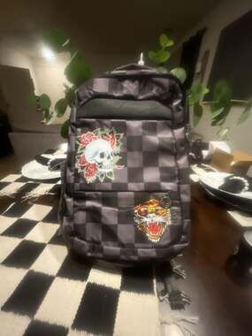 Ed Hardy Checkered Skull and Tiger Graphic Backpack